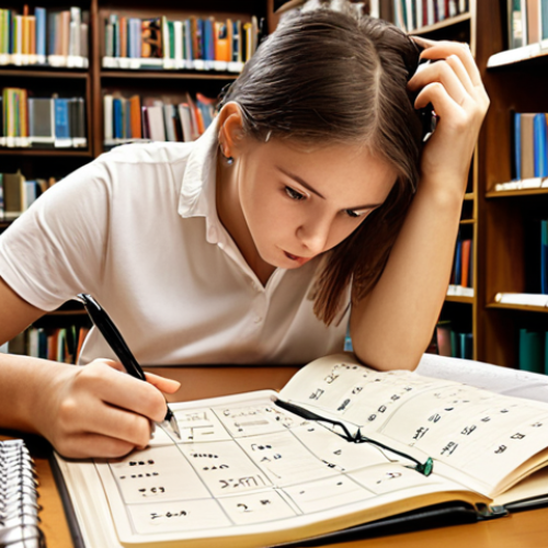 Home 15 **A student diligently studying in a library, surrounded by textbooks and notes, highlighting key points with a pen. A calendar on the desk shows a schedule filled with study sessions and practice exams. The overall atmosphere conveys focus, dedication, and effective time management, symbolizing comprehensive exam preparation.**