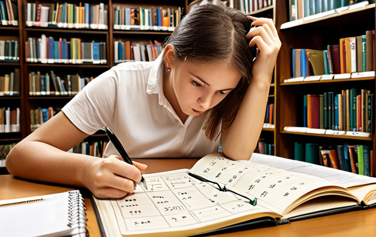 **A student diligently studying in a library, surrounded by textbooks and notes, highlighting key points with a pen. A calendar on the desk shows a schedule filled with study sessions and practice exams. The overall atmosphere conveys focus, dedication, and effective time management, symbolizing comprehensive exam preparation.**