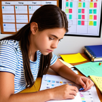 **

A student surrounded by colorful study materials (sticky notes, mind maps), textbooks, and past exam papers. They are working at a desk in a brightly lit room with a calendar showing a study schedule. The overall feel is organized and determined, showcasing effective study techniques.

**