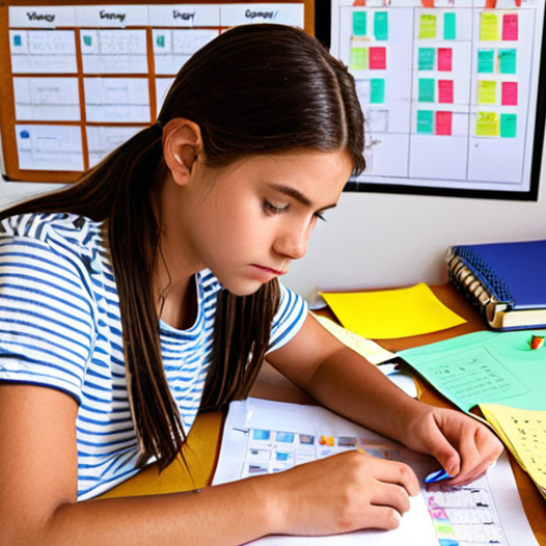 Home 14 **
A student surrounded by colorful study materials (sticky notes, mind maps), textbooks, and past exam papers. They are working at a desk in a brightly lit room with a calendar showing a study schedule. The overall feel is organized and determined, showcasing effective study techniques.
**