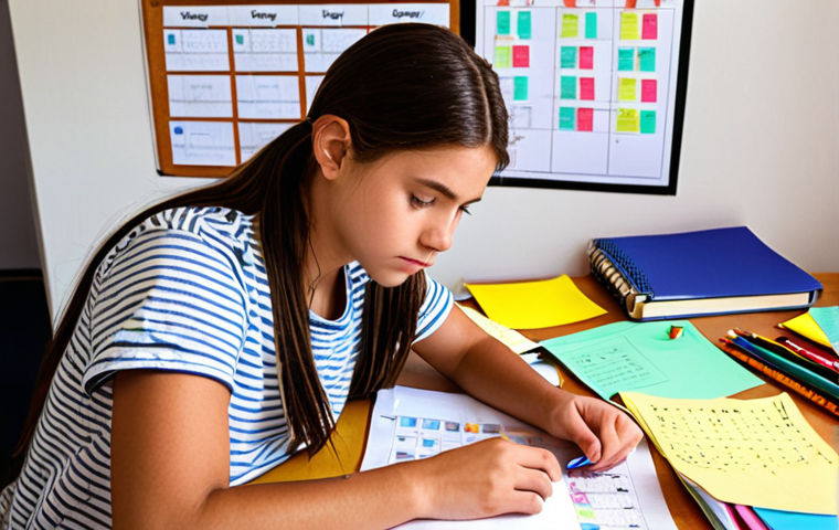 **

A student surrounded by colorful study materials (sticky notes, mind maps), textbooks, and past exam papers. They are working at a desk in a brightly lit room with a calendar showing a study schedule. The overall feel is organized and determined, showcasing effective study techniques.

**