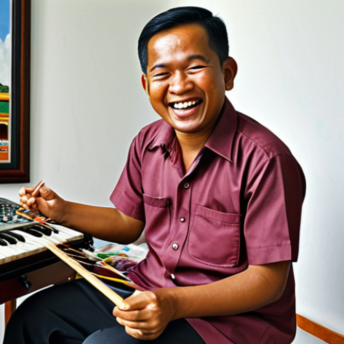Home 7 **Image Prompt:** A Malaysian civil servant joyfully pursuing a hobby like painting or playing music after work, radiating personal fulfillment and creativity. The scene captures the balance between professional duty and personal passion.