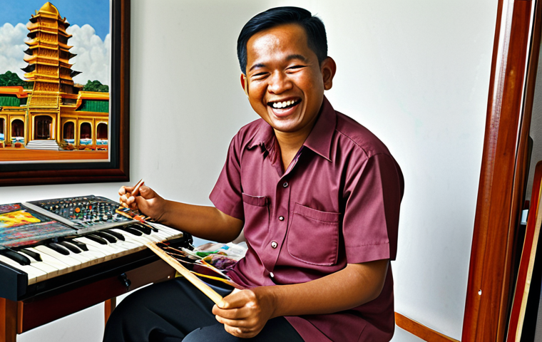 **Image Prompt:** A Malaysian civil servant joyfully pursuing a hobby like painting or playing music after work, radiating personal fulfillment and creativity. The scene captures the balance between professional duty and personal passion.