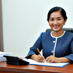 **

A Malaysian civil servant, fully clothed in a *baju kurung* and *selendang*, smiling confidently while working at a desk in a modern government office in Putrajaya.  The office is bright and clean, with Malaysian flags and official documents visible. Appropriate attire, professional, safe for work, perfect anatomy, correct proportions, natural pose, well-formed hands, proper finger count, natural body proportions, high quality.

**